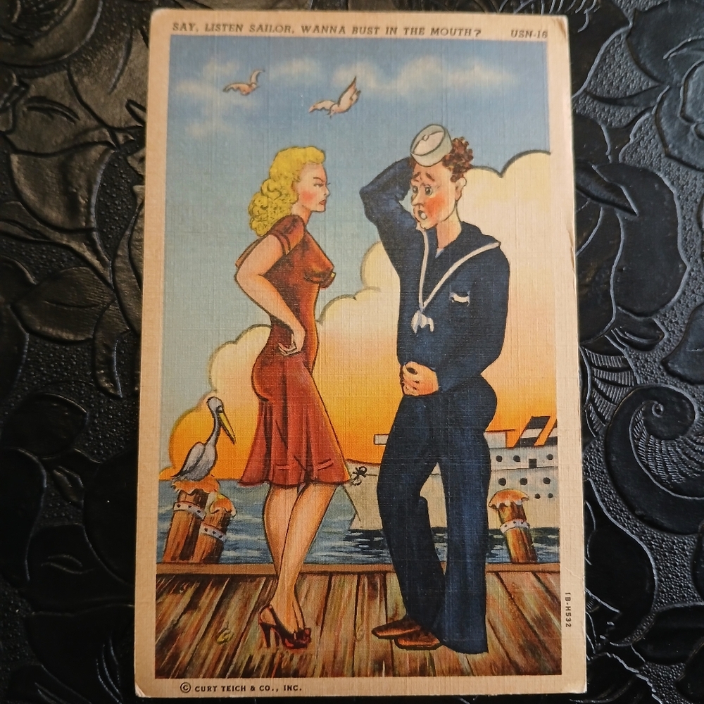 U.S Navy Comics "Say, listen sailor,‎ wanna bust in the mouth?" VTG Postcard